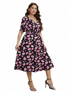 Plus Size Blumendruck eingewickelt V-Ausschnitt Frauen Dres kurze Ärmel A-Linie Böhmen Robe Casual Lady Vacati große Größe Kleidung r3Vz #