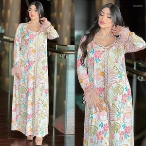 Ethnic Clothing European Muslim Dress Robe Middle East Dubai Rhinestone Ostrich Feather Stitching Printing