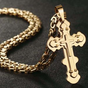 Halsband manlig guldfärg rostfritt stål byzantinsk kedja korshänge halsband smycken krage de moda för starka män halsband ortodox