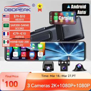 3 Cameras Dash Cam Carplay & Android Auto 2.5k 2560*1440P Rearview Mirror Video Recording WIFI Loop Record Phone APP Car DVR
