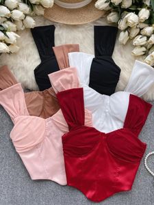 Women's Tanks American Chic Sexy Crop Tops Women Spaghetti Strap Satin Mesh Patchwork Female Camisole Zipper Backless Y2k Camis Dropship