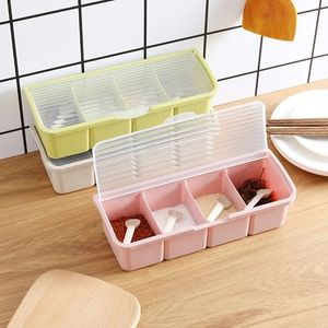 Seasoning Box Condiment Storage Container Rack Spice Jar 4 Cells with Spoon Spice Box Storage Container Condiment Jars for Spice