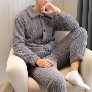 Casa roupas lapela homewear casaco conjunto aconchegante inverno pijama de pelúcia com cintura elástica onda de água textura bolsos quentes para homem