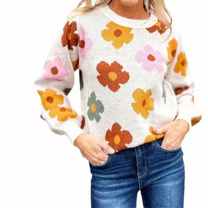 cyiexi Casual Women Plus Size Sweater Floral Pattern Round Neck Lg Sleeve Cardigan Sweaters Large Size Ribbed Trim Tops XL-3XL k1p5#