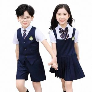 bambini uniforme scolastica giapponese coreana scuola materna primaria 90-160 cm ragazzo ragazza gilet gilet cravatta Dr Set abbigliamento vestito E1vA #