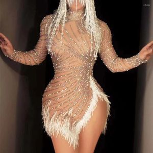 Stage Wear Nude Shining Rhinestones Tassel Pearls Sexy Split Dress For Women Nightclub DJ Clothing Singer Costumes Prom Wears