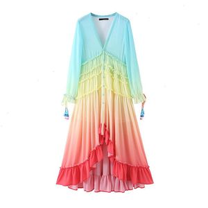 Spring Womens Clothing Gradient Color V Neck Tassel Holiday Long Dress Skirt 9203