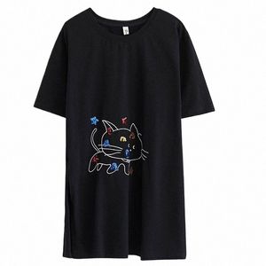 150kgプラスサイズの女性の夏の短巻き猫Tシャツバスト150cm 6xl 7xl 8xl 9xlルーズコットOネックTシャツブラックe5gr＃