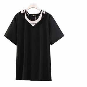 150kg Plus Size Women's Bust 152 Summer Loose Fake Two-Piece Short-Sleeve T-Shirt Black White 5XL 6XL 7XL 8XL 9XL x9gW#