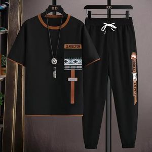 Herren Jogger Set Koreanische Mode Outfit Anzüge Drucken T-shirt Multipocket Cargo Hosen 2 Stück Sommer Mne Kleidung 2024 240321