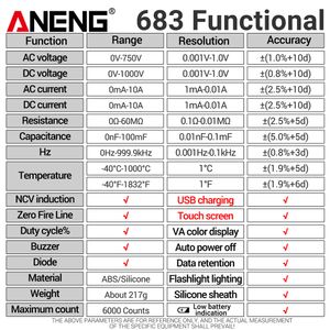 683 touch screen smart screen di fascia alta 6000 conteggi AC/DC Tester Electrical Tester Strumento multimetria