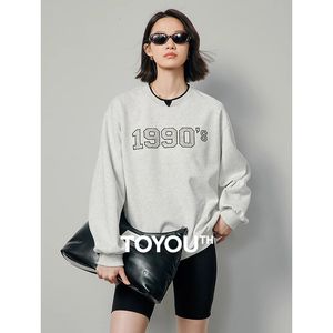 Toyouth Women Letter Pearl Beaded Sweatshirt 2024 Spring O Neck Long Sleeve American Casual Style Pullover Hoodies Topps 240329