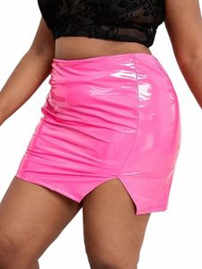 women Plus Size Faux Latex Mini Skirt Stretchy Bodyc Skirt Hem Side Split Ladies Sexy PVC Leather Skirt Clubwear Custom b1nS#