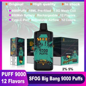 Puff 9000 Vape descartável Puff 9k E Cigarro SFOG BIG BIG BANG 9000 POUGH VAPER 18ML PRESFOLHO PRETELHO DE MESH MESH Bobina de ar Ajuste 12 Sabores Recarregam Big Vaporizer Pen de vaporizador