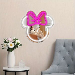 1pc Cute Cartoon Mouse Shape Pink Bow Makeup Bedroom Wall Dressing Table, Powder Hallway, Bathroom, Beauty Salon, Girl's Room, Decorate Neon Mirror, Gift for