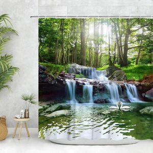 Duş Perdeleri Orman Perdesi Yağmur Ormanı Şelalesi Nehri Yeşil Derin Ağaçlar Doğa Manzarası Polyester Kumaş Banyo Dekor Seti