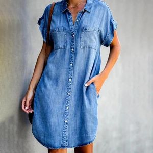 Lapel Short Sleeve Slim Dress Denim Shirt Women