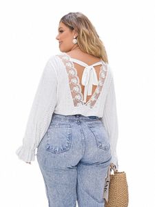 Gibsie Plus Size Bow Tie Backl Ctrast Lace White Tops Fi V Neck Lg Sleeve Shirt Mulheres Doce Casual Primavera Blusas E9zO #