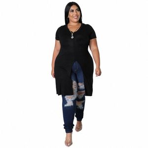 fs Moda Tunic Plus Size Women Clothing Casual O Neck Short Sleeve Slim Slit Tops Blusas Tee T Shirt Feminino Femme 2022 Black m9kK#