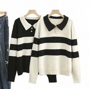 4xl Autumn Plus Size Jumper Woman Kläder Löst stickad Pullover Winter Fi Ctrast Color Stripe Polo Collar Curve Sweater L70Z#