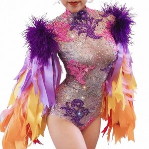 Dropship Colorful Feather Sleeve Rhineste Bodysuit Women Nightclub Bar Bar Party Outfit Performance Costume W3Zi#