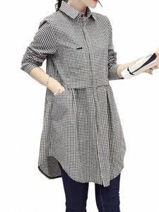 Plus Size New coreano Fi camicette Plaid Butt Solid Midi Autunno camicia femminile All-match allentato Lg manica polo-collo camicetta p2rX #