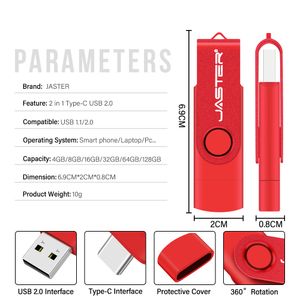 Jaster rosso rotabile USB Flash Drive 128GB Logo personalizzato gratuito 2,0Type-C Stick USB 64 GB 32GB 16GB 8GB Creative Gift Pen Drive 4GB