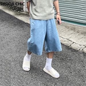 REDDACHiC Lacing Classic Mens Denim Shorts Elastic Waist Bandage Loose Fit Casual Wide Leg Baggy Jeans Short Trousers One Size 240327