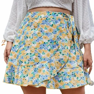 Plus-storlek blommigt tryck elegant sommar wrap kjol elastisk slips midja ruffle hem casual kjol stor storlek a-line fest kjol 6xl 7xl v03m#