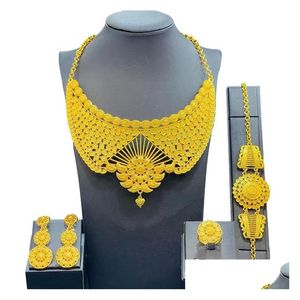 Anhänger Halsketten Drehmomente Halskette Sets für Frauen Dubai African Golden Schmuck Set Braut Ohrringe Ringe Indischer Nigerianischer Schmuck Geschenk Dhjrn