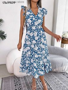 Grundläggande casual klänningar sommarblommor midi klänningar för kvinnor casual slangess ruffle semester strand klänning mode vit v hals ny i klänningar 2023 t240330