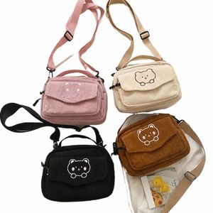 新しいFi Women Corduroy Carto Bear Print Shourdell Bags Student Tote Menger Bag Satchel Travel Handbags 52KJ＃