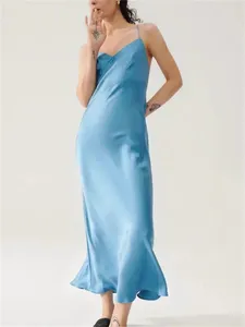 Casual Dresses Women Fresh Blue Diagonal Silk Camisole Dress 2024 Elegant Sexy Open Back Soe Up Ladies Sleeveless Sling Long Robe