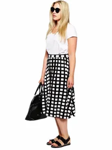 plus Size Elastic Waist Elegant Fi Spring Autumn Flare Skirt Women Black And White Plaid A-line Skirt Large Size Midi Skirt r859#