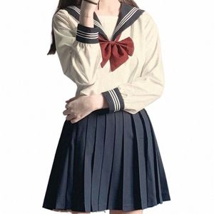 Japansk skoluniform tjej jk kostym sexig vår och hösten röd slips vit tre grundläggande sjöman uniform kvinnor lg hylsa kostym y6y6#