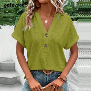 Kvinnor Summer Trendy Simple Casual Streetwear With Button T Shirt V Neck Kort ärm Solid Loose Pullover Tops Y2K Ropa de Mujer 240315
