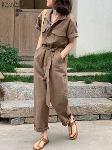 ZANZEA Summer Women Jumpsuit Short Sleeve Lapel Neck Rompers Femme Fashion Casual Loose Playsuits Oversize Cargo Overalls 240315