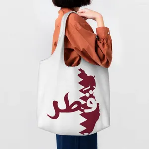 Sacos de compras Qatar Bandeira e Mapa Saco de compras Impressão Canvas Shopper Tote Ombro Grande Capacidade Lavável Pogal Bolsas