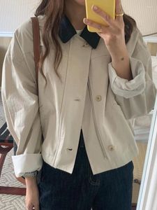 レディースジャケットビンテージショートコート女性韓国ファッションコントラストカラーボンバージャケット女性秋の長袖ラペルシングル胸