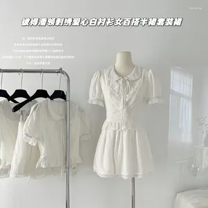 Arbetsklänningar Kvinnors eleganta tvådelar Set Summer Streetwear Lapel Kort ärmskjorta Sweet A-Line Mini kjol Gentle Style Suit
