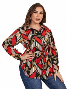 Plus Größe Drehen Unten Kragen LG Hülse Frauen Hemd Taille Gürtel Geometrische FRT Butt Down Blusen Weibliche Casual Top Herbst tuch G6lI #