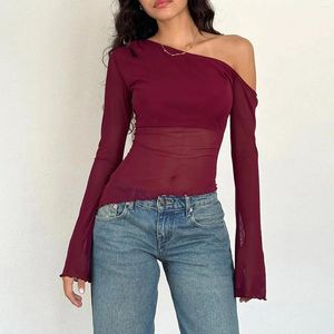 Kadın Tişörtleri Kadın Moda Tek Omuzlu T-Shirt Uzun Kollu Mesh See-Through İnce Fit Sonbahar Tops Club Street Giyim