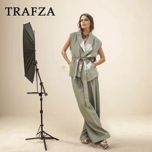 TRAFZA 2024 Spring Summer Streetwear Women Suit Fashion Turn Down Collar Belt Sleeveless VestHigh Waist Wide Leg Long Pants 240326