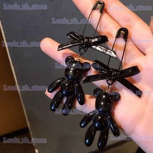 Charm 925 Gümüş İğne Siyah Ayı Küpe Kadın Deri Yay 2022 Pin Zinciri Drop Sevimli Punk Rock Kız Moda Takı Aksesuarları T240330