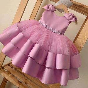 Criança menina tule arco vestido bebê elegante princesa batismo casamento tutu vestidos crianças baile de formatura roupas de festa formal 3 8 ano 240318