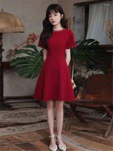 Party Dresses Wine Red Summer Dress Women Solid Color Diamond Round Neck Mid-length A-line Skirt Elegant Evening Gown M106