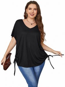 Plus Size Lace Up elastische Taille Schwarz Plissee Frauen Short Sleev Tops V-Ausschnitt Plug Größe 4XL Casual Lose Bluse Übergroßes Hemd i0JV #