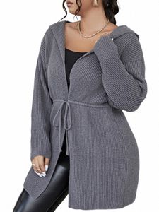 Onelink Peacock Wool Gray Plusサイズの女性オープンカーディガンベルトドローストリングウエストパーカージャケットセーター