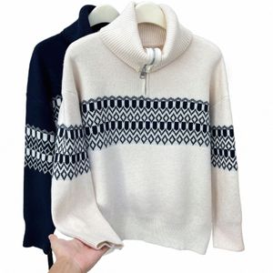 Stylish Ctrast Color Jacquard Turtleneck tröja Kvinnor Autumn Winter 2023 Plus Size Thermal Pullover Jumpers i51i#