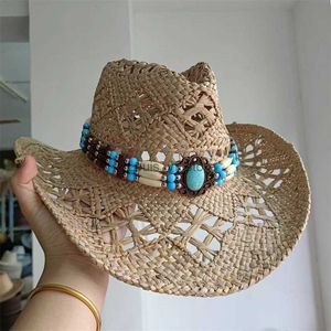 Wide Brim Hats Bucket Cowboy hat fashion hollow out western cowboy hand woven hard summer sapphire accessories neutral sun sombrero cow H240330